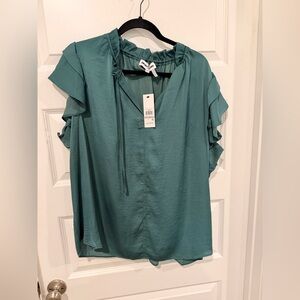DKNH Teal Ruffle Sleeve Blouse